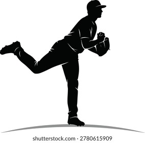 Silhouette of a baseball pitcher in mid throw with baseball field major league minor league high school cool down silhouette competition recreation activity fastball