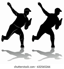 silhouette of a baseball player, black and white drawing, white background