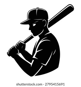 Silhouette of a baseball player holding a bat over his shoulder, isolated on a white background