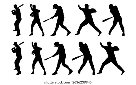 silhouette of baseball player pose, A set silhouette of baseball players