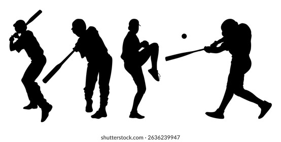 silhouette of baseball player pose, A set silhouette of baseball players
