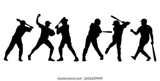 silhouette of baseball player pose, A set silhouette of baseball players