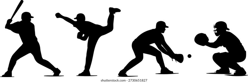 Posturas del jugador de béisbol de la silueta, posturas del béisbol en el elemento gráfico monocromo de la forma negra