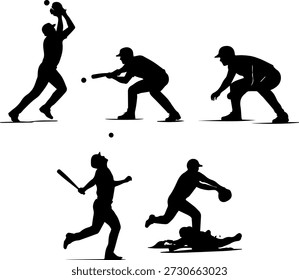 Posturas del jugador de béisbol de la silueta, posturas de béisbol en el elemento gráfico monocromo de la forma negra en el fondo blanco