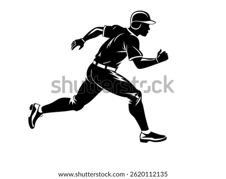 Silhouette of a Baseball Player Running,  A dynamic silhouette of a baseball player in a full sprint vector illustration design. baseball player, running, speed, athlete, sport, fast, silhouette, blac