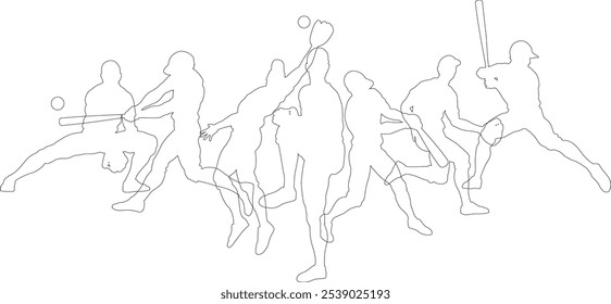 Silhouette baseball or softball player set. Active sports people healthy players fitness silhouettes concept.