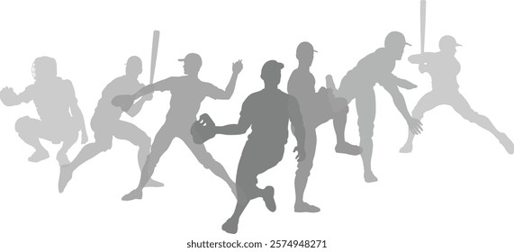 Silhouette baseball or softball player set. Active sports people healthy players fitness silhouettes concept.