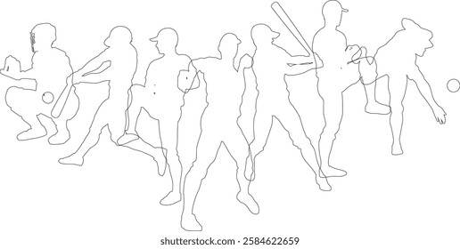 Silhouette baseball or softball player set. Active sports people healthy players fitness silhouettes concept.