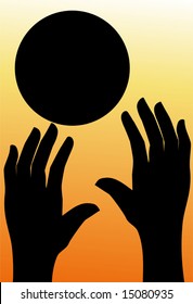 silhouette of a basket ball and human hands	