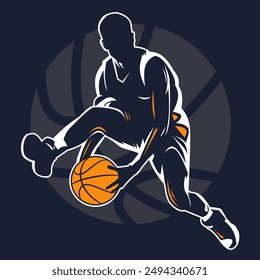 Silhouette of a Basketball Player in Action with Ball Highlight