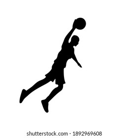 Silhouette of basketball player with ball in attack on basketball hoop, left view, vector