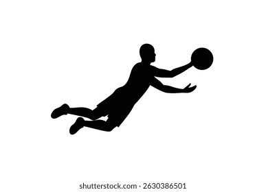Silhouette of a basketball player diving mid-air while reaching out with one hand to catch or shoot the ball against a plain white background.