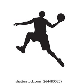 Silhouette of a basketball player dribbling, airborne with the ball, leaping to shoot, dynamic action pose, Vector Illustration.