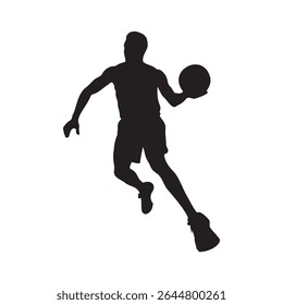 Silhouette of a basketball player dribbling, airborne with the ball, leaping to shoot, dynamic action pose, Vector Illustration.