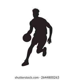 Silhouette of a basketball player dribbling, airborne with the ball, leaping to shoot, dynamic action pose, Vector Illustration.