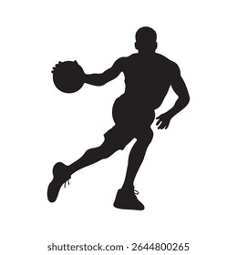 Silhouette of a basketball player dribbling, airborne with the ball, leaping to shoot, dynamic action pose, Vector Illustration.