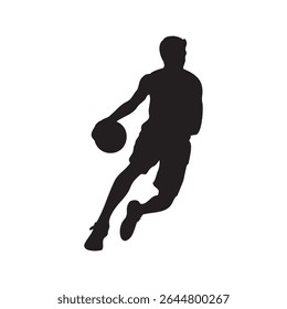 Silhouette of a basketball player dribbling, airborne with the ball, leaping to shoot, dynamic action pose, Vector Illustration.