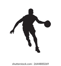 Silhouette of a basketball player dribbling, airborne with the ball, leaping to shoot, dynamic action pose, Vector Illustration.