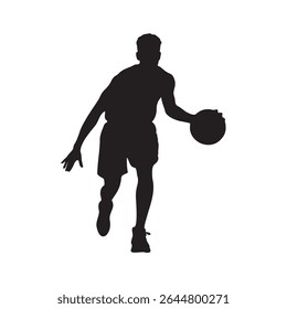 Silhouette of a basketball player dribbling, airborne with the ball, leaping to shoot, dynamic action pose, Vector Illustration.