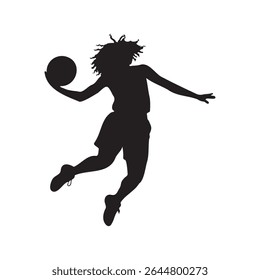 Silhouette of a basketball player dribbling, airborne with the ball, leaping to shoot, dynamic action pose, Vector Illustration.