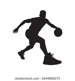 Silhouette of a basketball player dribbling, airborne with the ball, leaping to shoot, dynamic action pose, Vector Illustration.