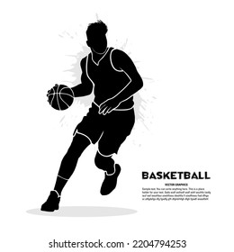 Silhouette of a basketball player dribbling a ball. Vector illustration