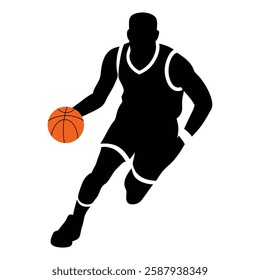 Silhouette of a basketball player dribbling the ball.