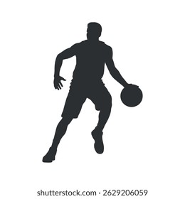 Silhouette of a basketball player dribbling, dynamic pose, isolated on white background. Perfect for sports, athletic, and team concepts.