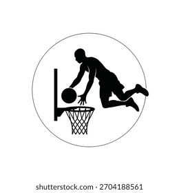 Silhouette Basketball Player Dunking Inside a Circular Frame. Vector Illustration