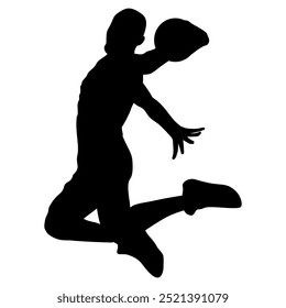 Silueta de un jugador de baloncesto hundiéndose en un fondo transparente. Perfecto para pegatinas, iconos, tatuajes, logotipos