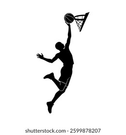 Silhouette of a basketball player dunking with power and agility. Perfect for sports posters, apparel, branding, and digital designs. High-quality illustration.