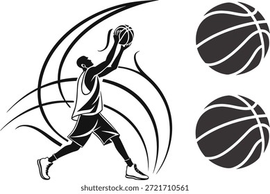 Silueta de jugador de baloncesto hundiendo con dos bolas