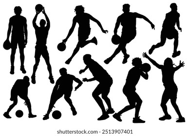 Silhouette of basketball player jump for the slam dunk. Set of Basketball players in different playing positions, lead ball, defend, attack, game techniques. Players throwing  basketball vectors.