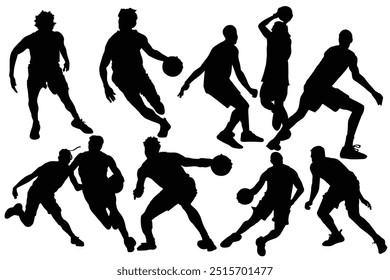 Silhouette of basketball player jump for the slam dunk. Set of Basketball players in different playing positions, lead ball, defend, attack, game techniques. Players throwing basketball vectors logo.