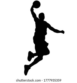 Silhouette of a basketball player jumping with a ball.
