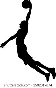 Silhouette of a basketball player jumping for a slam dunk. Vector illustration. 