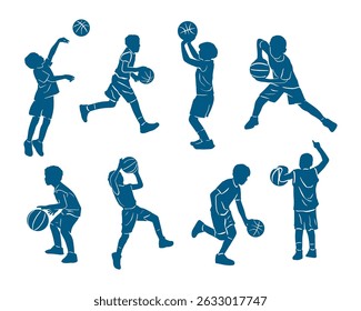 silhouette basketball player kid collection on white background