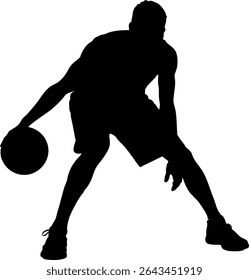 Silhouette of a basketball player mid-dribble in an athletic stance. High-contrast black figure on white, ideal for sports posters, ads, training materials, or team branding graphics.