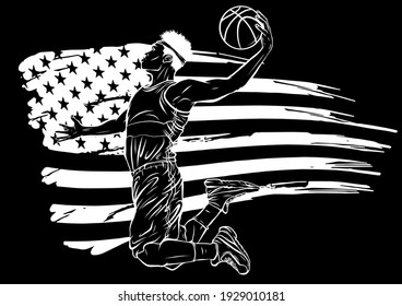 silhouette Basketball Player on American Flag colors background