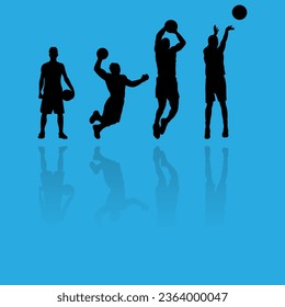 Silhouette de los jugadores de baloncesto. Atletas con balón en diferentes poses, hombres de manejo, defensa y ofensa, deportistas profesionales masculinos, dibujos animados de vector tidy juego plano.Juego de vectores de jugador de baloncesto