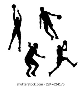 Silhouette of basketball players isolated on white background. Black logo of sports athletes. Black and white vector set of basketball shooting.