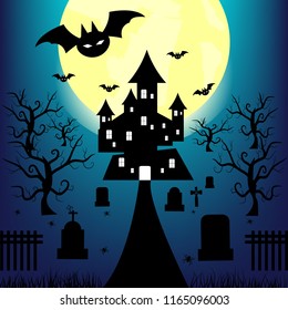 Silhouette Bat with Castle and Moon on Spooky forest in Halloween night