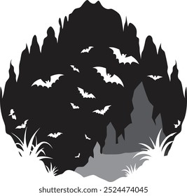 Silhouette of a bat colony swarming out of a cave