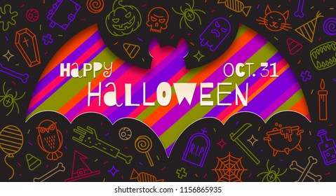 Silhouette of a bat cutout in paper on a background with linear halloween signs and symbols. Vector illustration.