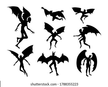 Silhouette bat devil in the human body. Men spirit with bat wing in different posture. Illustration about ghost and fantasy for Halloween theme.