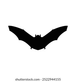 Silhouette of a bat in flight with wings spread on a white background. Isolated black flying mammal illustration. Halloween and wildlife concept for design and print