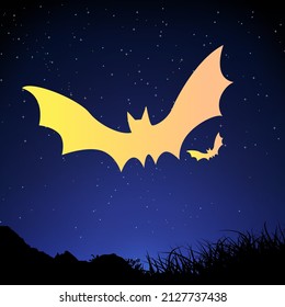Silhouette of bat isolated on night background.
Flying bat on starry night background vector illustration
