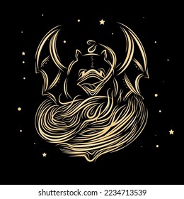 silhouette of a bat on a black background. linear sketch for a tattoo. fashionable youth print for printing on a t-shirt