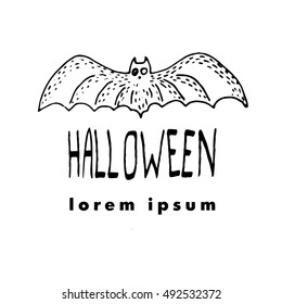 The silhouette bat. Vector illustration of cute greeting card for Halloween. Logo for party. Hand drawn