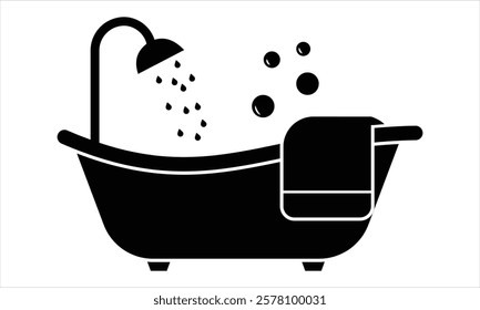 Silhouette of Bathtub, shower icon. Bathtub icon, vector. Shower head icon, Bathroom, Bath, Bathing, Bubble Towel vector. Bathtub sign symbol design on white background. Vector illustration.